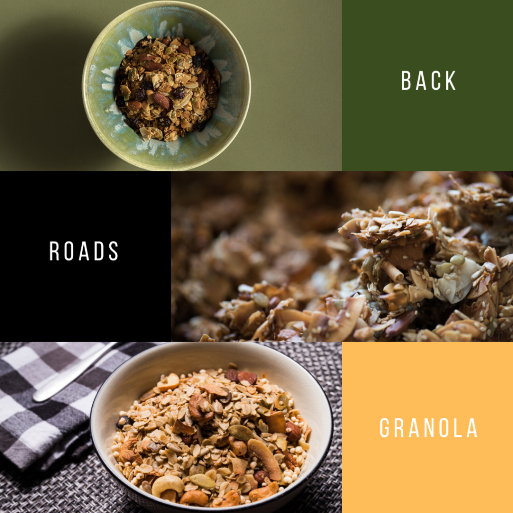 Blocked graphic depicting Back Roads Granola with staggered text reading "Back" "Roads" "Granola"